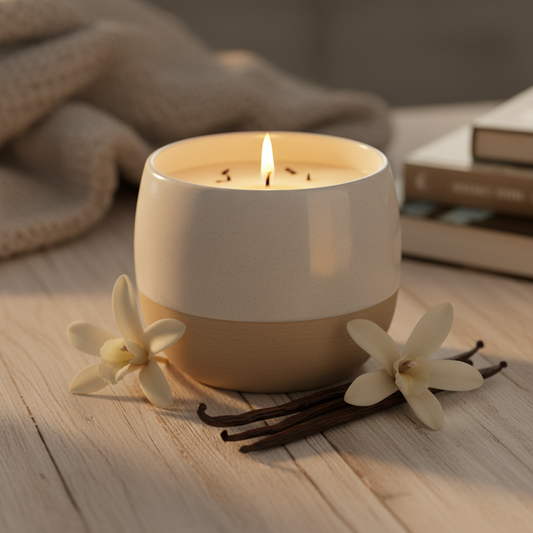 Vanilla Bean Bliss Candle in a cream ceramic jar with vanilla pods