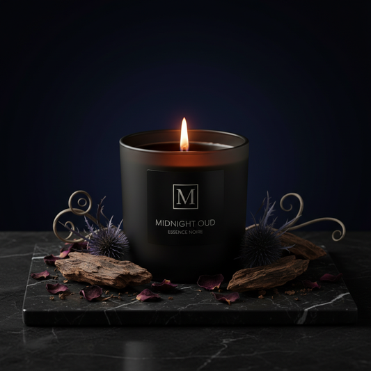 Midnight Oud Candle in a matte black glass jar with oud wood chips and dark botanicals