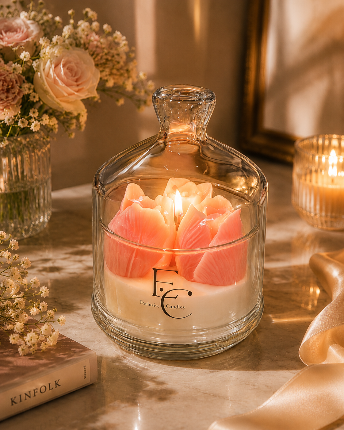 Blush Petal Glass Cloche Candle