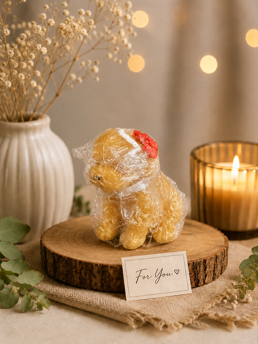Golden Red Ribbon Puppy Candle