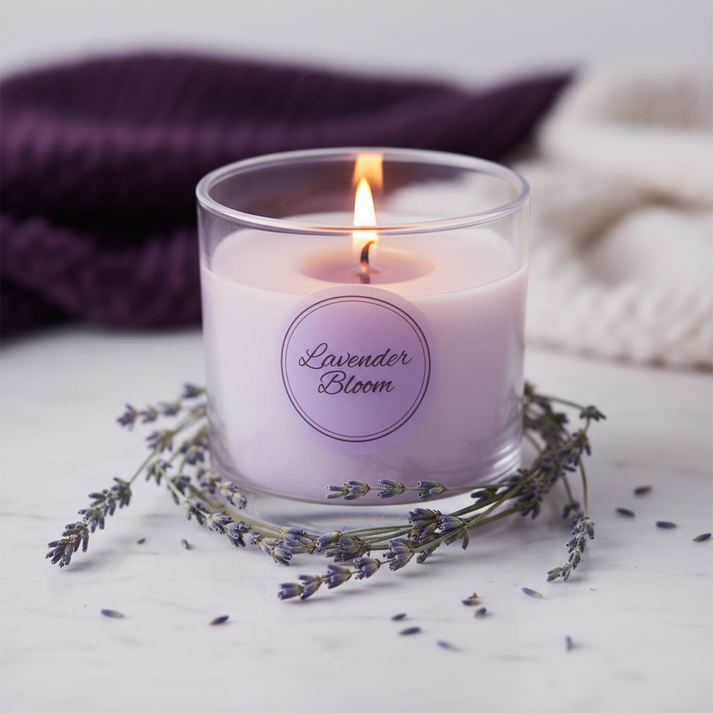 Lavender Dreams Candle in a glass jar surrounded by dried lavender
