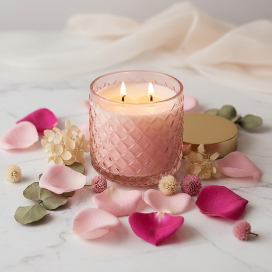 Rose Petal Candle in a blush pink glass jar surrounded by fresh rose petals