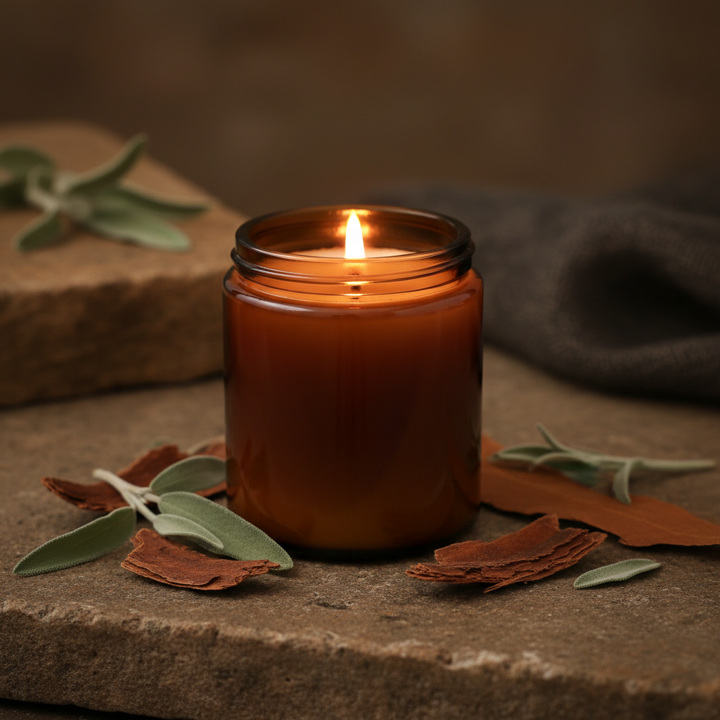 Cedarwood and Sage Candle in an amber glass jar with dried sage and cedar bark