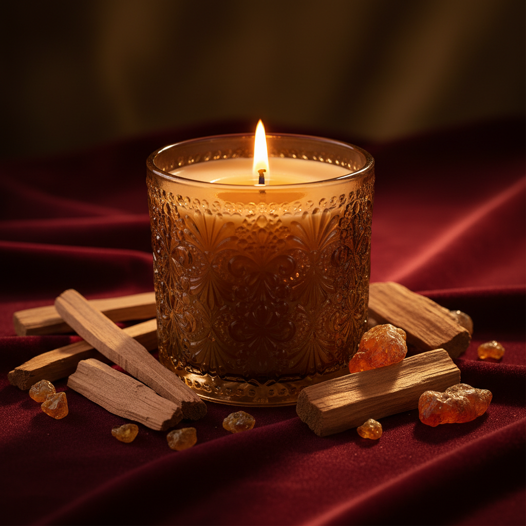 Sandalwood and Amber Candle in a gold glass jar with sandalwood chips and amber resin