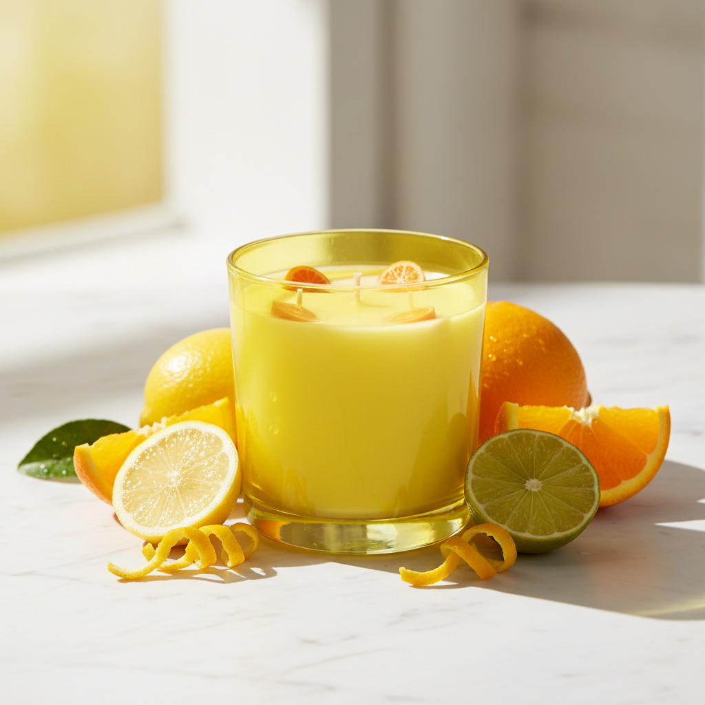 Citrus Burst Candle in a yellow glass jar with sliced lemons, oranges, and limes