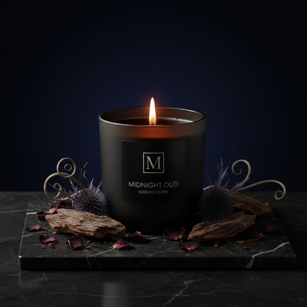 Midnight Oud Candle in a matte black glass jar with oud wood chips and dark botanicals