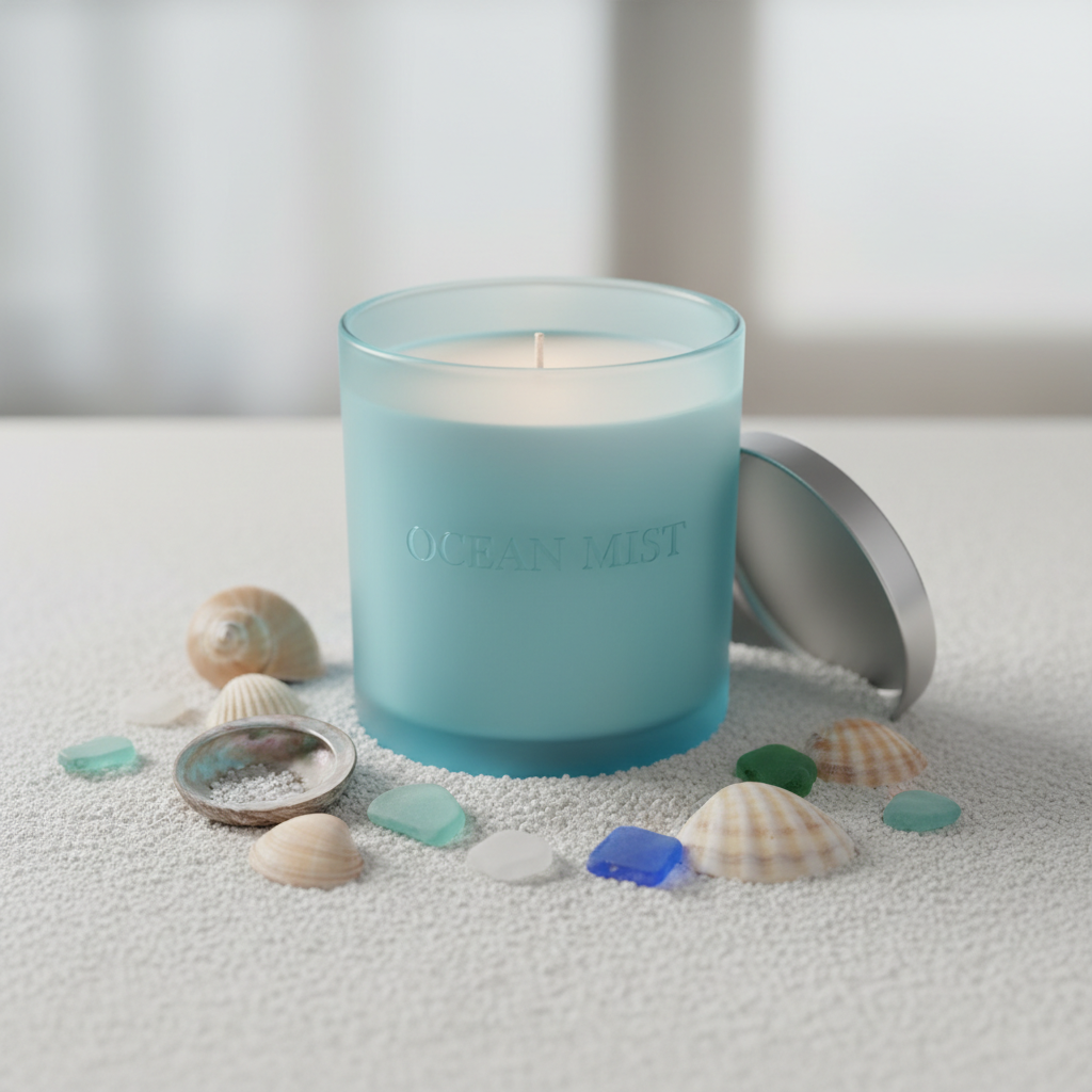 Ocean Breeze Candle in a frosted blue glass jar with seashells