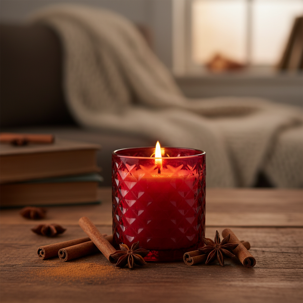 Cinnamon Spice Candle in a red glass jar with cinnamon sticks and star anise