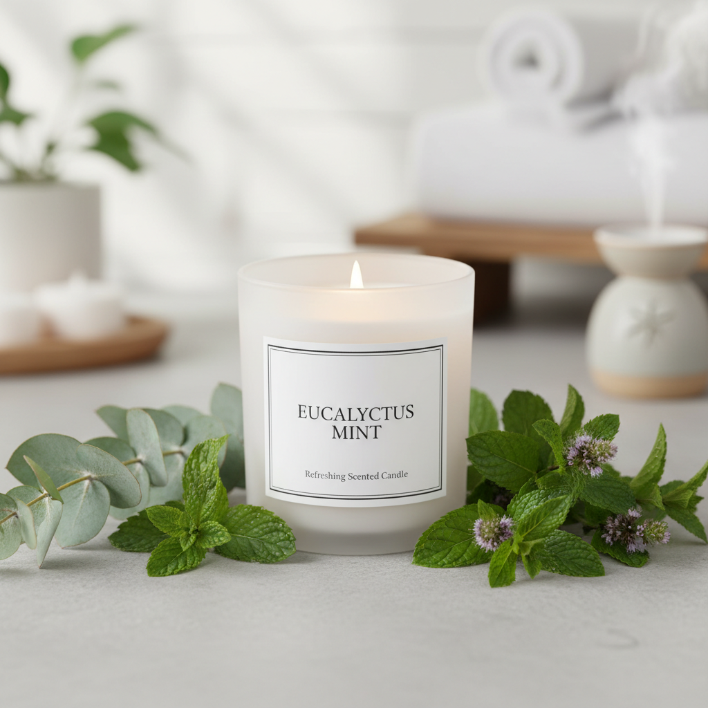 Eucalyptus Mint Candle in a white glass jar with eucalyptus leaves and mint sprigs